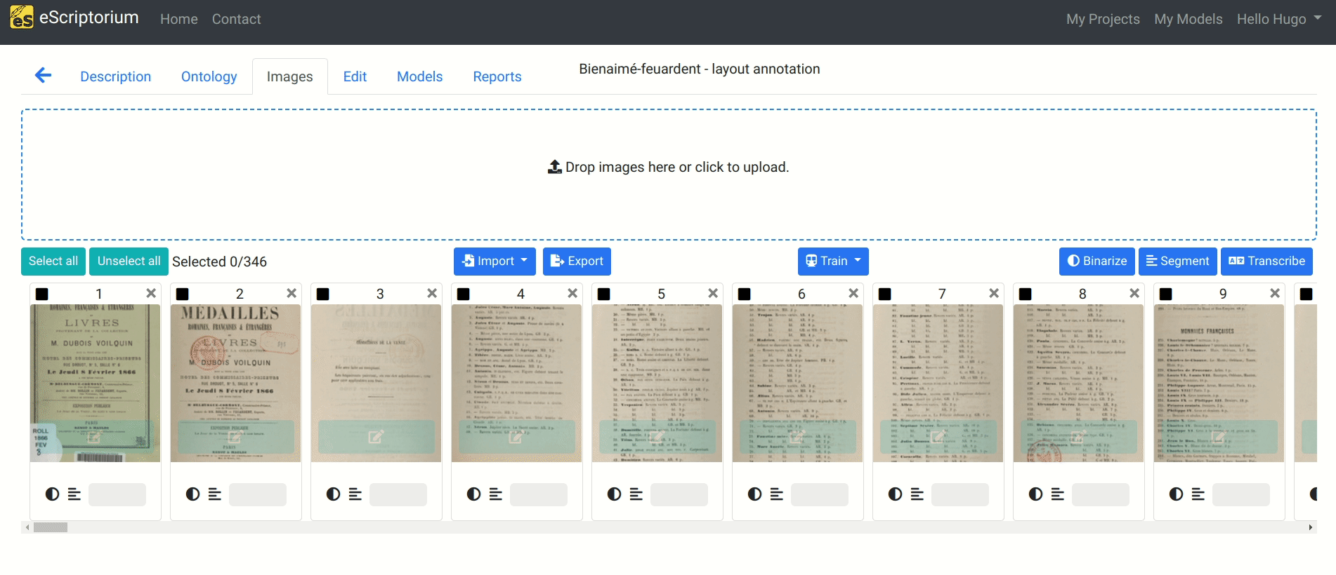 image: Demonstration of selecting document-parts and then clicking on the 'Export' button