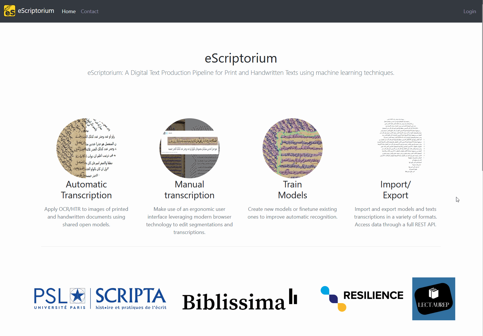 image: scrolling on the homepage of eScriptorium and logging into the application