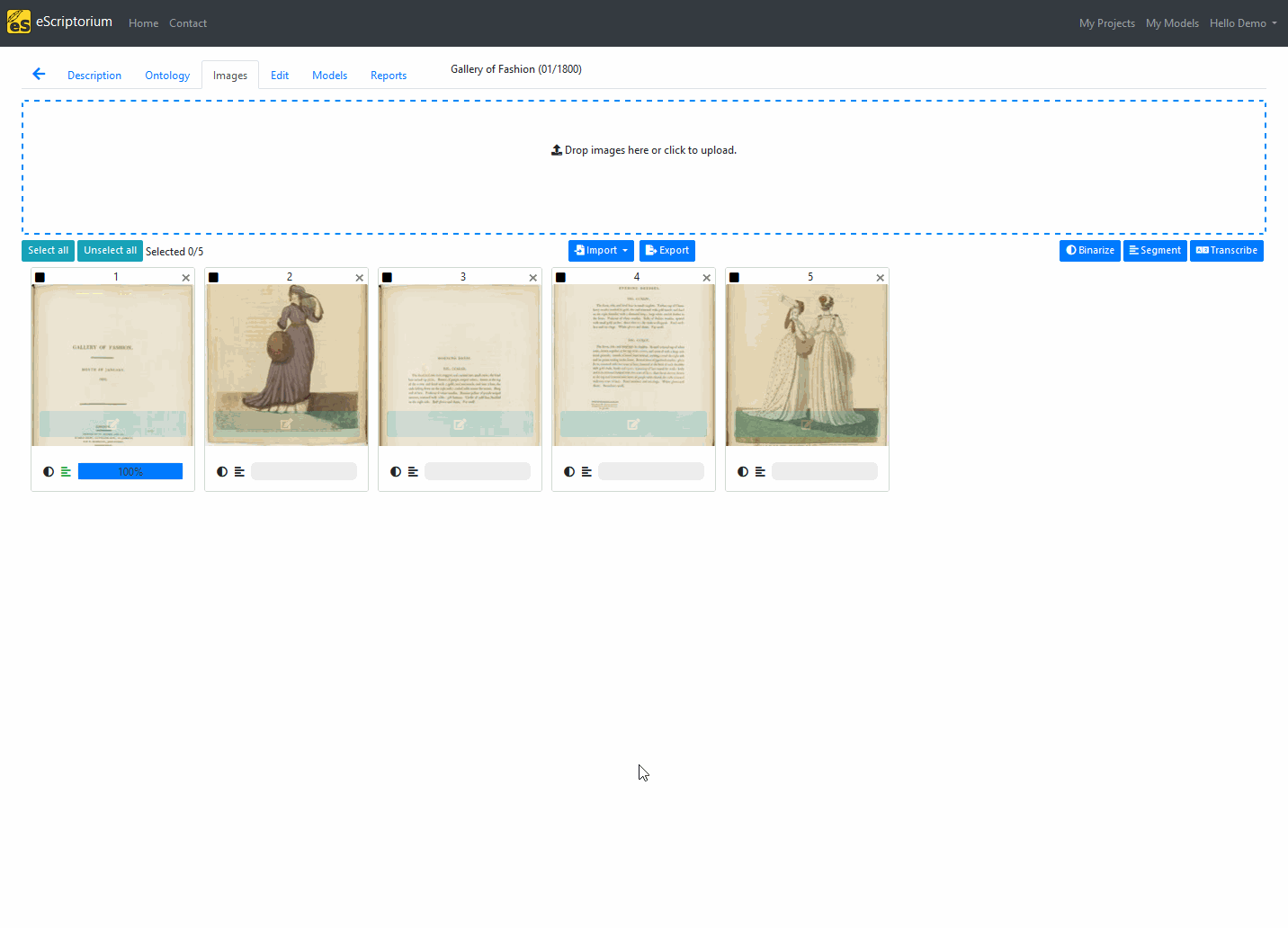 image: animation showing the process to open the edition mode, activate the transcription and segmentation panels, select and correct a line.