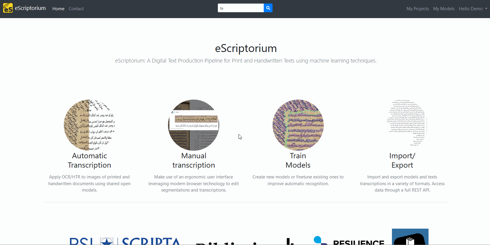 image: Starting a query from eScriptorium homepage, using the search bar